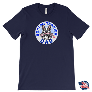 a men's navy blue tee featuring the original Boston Terrier dog dad design on the front by OMG You're Home!