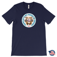 Load image into Gallery viewer, Front view of a mens navy blue T-Shirt by Canvas featuring the original Red Nose Pitbull artwork by OMG You&#39;re Home! Part of the &quot;Rescue is my favorite breed&quot; collection.