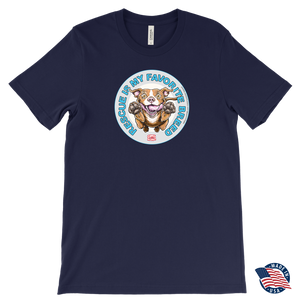 Front view of a mens navy blue T-Shirt by Canvas featuring the original Red Nose Pitbull artwork by OMG You're Home! Part of the "Rescue is my favorite breed" collection.