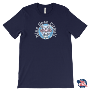 front view of a navy blue men's tshirt  featuring the OMG blue nose pitbull  design on the front - Made in the USA