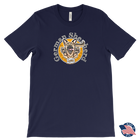 the front view of a navy blue Canvas Mens T-Shirt featuring the original OMG You're HOME! German Shepherd design on the front. Made in the USA 
