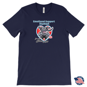 a blue Canvas brand made in the U.S.A. Mens T-Shirt for dog lovers featuring the Black Labrador Retriever in the Emotional Support Human collection