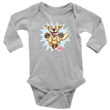 Load image into Gallery viewer, A light grey long-sleeve onesie featuring the original happy and excited Golden Retriever on the front