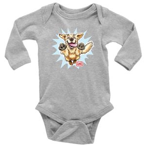 A light grey long-sleeve onesie featuring the original happy and excited Golden Retriever on the front