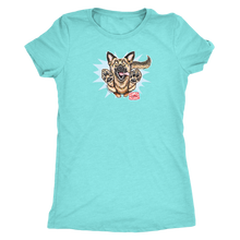 Load image into Gallery viewer, a teal Next Level Womens Triblend shirt featuring the OMG You&#39;re Home German Shepherd dog design on the front in full color. 