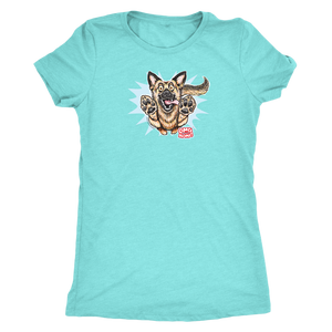 a teal Next Level Womens Triblend shirt featuring the OMG You're Home German Shepherd dog design on the front in full color. 