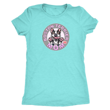 Load image into Gallery viewer, a woman&#39;s teal shirt with the Boston Terrier dog Mom design on the front on pink letters