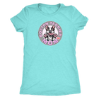 a woman's teal shirt with the Boston Terrier dog Mom design on the front on pink letters
