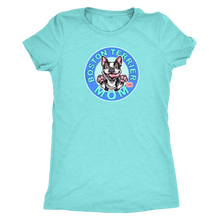 Load image into Gallery viewer, a woman&#39;s teal shirt with the Boston Terrier dog Mom design on the front