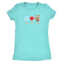 Load image into Gallery viewer, light turquoise Next Level Triblend Shirt featuring the Peace Love Yorkie dog design from OMG You&#39;re HOME!