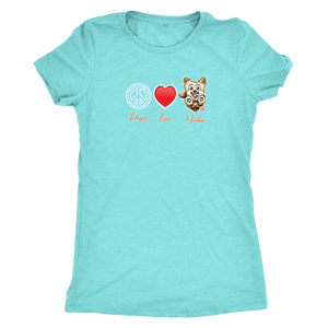 light turquoise Next Level Triblend Shirt featuring the Peace Love Yorkie dog design from OMG You're HOME!