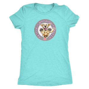 a women's light green t-shirt featuring the original Golden Retriever dog artwork by OMG You're Home! This collection is dedicated to those of us who love and support rescues.