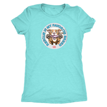 Load image into Gallery viewer, front view of a women&#39;s light green triblend shirt featuring original Red Nose Pitbull rescue artwork by OMG You&#39;re HOME!