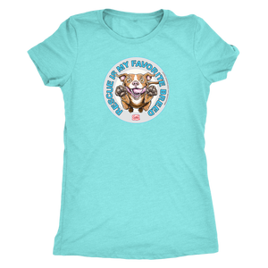 front view of a women's light green triblend shirt featuring original Red Nose Pitbull rescue artwork by OMG You're HOME!