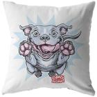 Front view of a soft decorative pillow featuring an excited Blue Nose Pitbull from OMG You'e Home