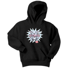 Load image into Gallery viewer, Front view of a youth black hoodie featuring the OMG Blue Nose Pit Bull design