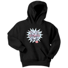 Front view of a youth black hoodie featuring the OMG Blue Nose Pit Bull design