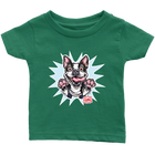 front view of a toddler's green OMG You're Home t-shirt with the Boston Terrier dog design  in full color