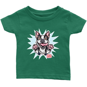 front view of a toddler's green OMG You're Home t-shirt with the Boston Terrier dog design  in full color