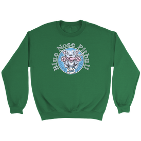 Green crewneck sweatshirt featuring a Blue Nose Pitbull dog design by OMG you're Home