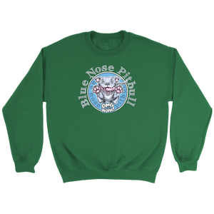 Green crewneck sweatshirt featuring a Blue Nose Pitbull dog design by OMG you're Home