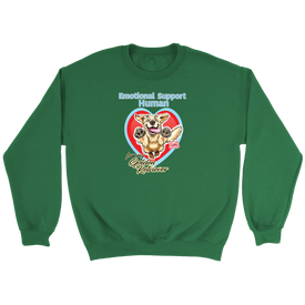 a green crewneck sweatshirt featuring the Emotional Support Human for my Golden Retriever design on the front