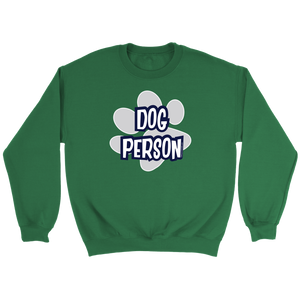 A soft and cozy green Crewneck Sweatshirt for dog lovers featuring the DOG PERSON design on the front.