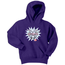 Load image into Gallery viewer, Front view of a youth purple hoodie featuring the OMG Blue Nose Pit Bull design