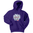 Front view of a youth purple hoodie featuring the OMG Blue Nose Pit Bull design