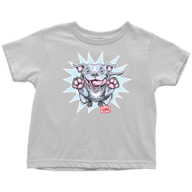 a toddler's white t-shirt with the Blue Nose Pit Bull design by OMG You're Home on the front in full vibrant color