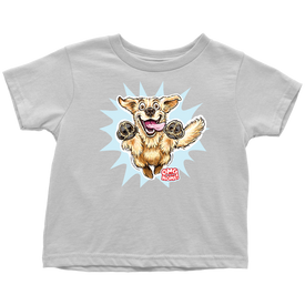 a toddler's white t-shirt featuring the original happy and excited Golden Retriever on the front