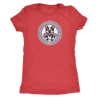 A vintage red triblend shirt for women featuring the OMG You're Home! Boston Terrier dog design with "Rescue is my favorite breed"