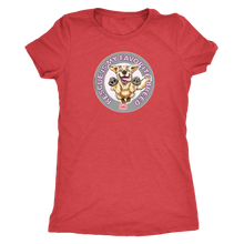 Load image into Gallery viewer, a women&#39;s red t-shirt featuring the original Golden Retriever dog artwork by OMG You&#39;re Home! This collection is dedicated to those of us who love and support rescues.