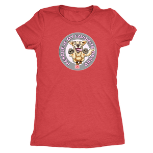 a women's red t-shirt featuring the original Golden Retriever dog artwork by OMG You're Home! This collection is dedicated to those of us who love and support rescues.