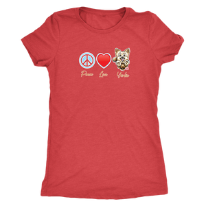 red  Next Level Triblend Shirt featuring the Peace Love Yorkie dog design from OMG You're HOME!