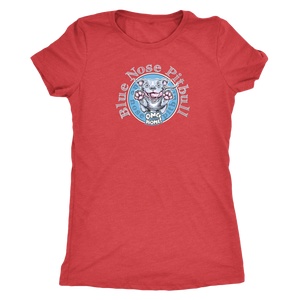 Red woman's t-shirt featuring the Blue Nose Pitbull dog design from OMG You're Home