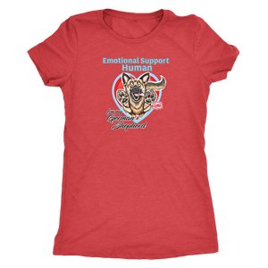 a red Next Level Womens Triblend featuring the German Shepherd design in the Emotional Support Human collection