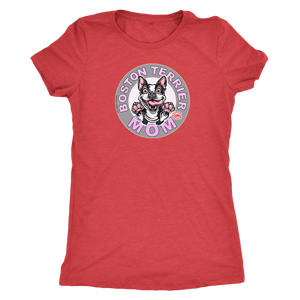 a woman's red shirt with the Boston Terrier dog Mom design on the front on pink letters