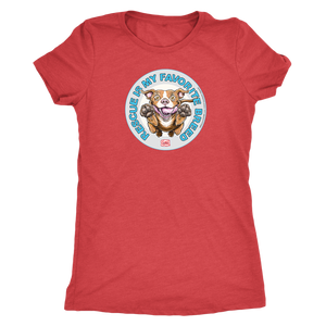 front view of a women's red triblend shirt featuring original Red Nose Pitbull rescue artwork by OMG You're HOME!