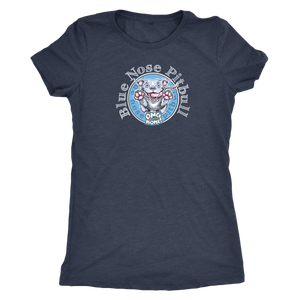 Dark blue woman's t-shirt featuring the Blue Nose Pitbull dog design from OMG You're Home