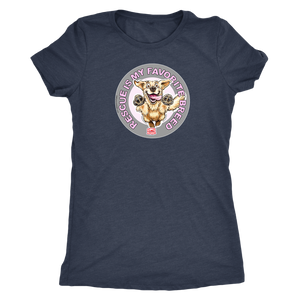 a women's grey t-shirt featuring the original Golden Retriever dog artwork by OMG You're Home! This collection is dedicated to those of us who love and support rescues.