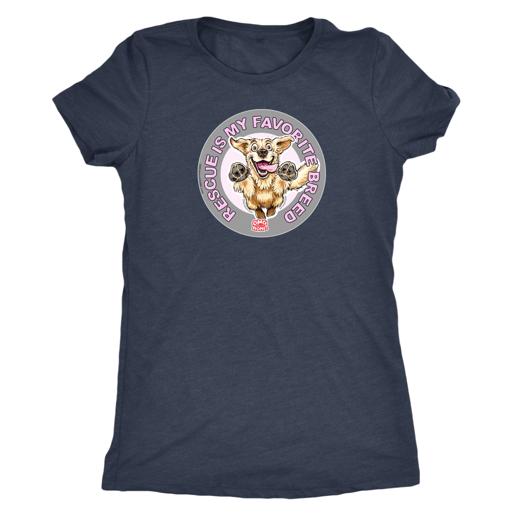 a women's grey t-shirt featuring the original Golden Retriever dog artwork by OMG You're Home! This collection is dedicated to those of us who love and support rescues.