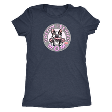 Load image into Gallery viewer, a woman&#39;s black shirt with the Boston Terrier dog Mom design on the front on pink letters