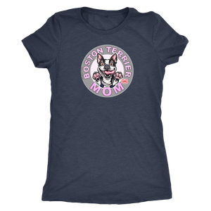 a woman's black shirt with the Boston Terrier dog Mom design on the front on pink letters