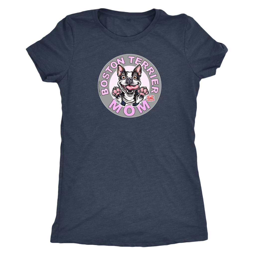 a woman's black shirt with the Boston Terrier dog Mom design on the front on pink letters