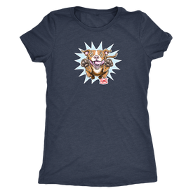 This blue-grey dog lovers shirt for women features our Red Nose Pit Bull design on the front in full vibrant color