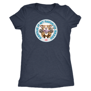 front view of a women's dark grey triblend shirt featuring original Red Nose Pitbull rescue artwork by OMG You're HOME!