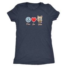 Load image into Gallery viewer, Navy blue Next Level Triblend Shirt featuring the Peace Love Yorkie dog design from OMG You&#39;re HOME!