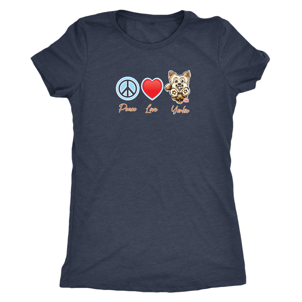 Navy blue Next Level Triblend Shirt featuring the Peace Love Yorkie dog design from OMG You're HOME!