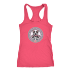 A bright pink Next Level Racerback Tank featuring the OMG You're Home! Boston Terrier design with "Rescue is my favorite breed"